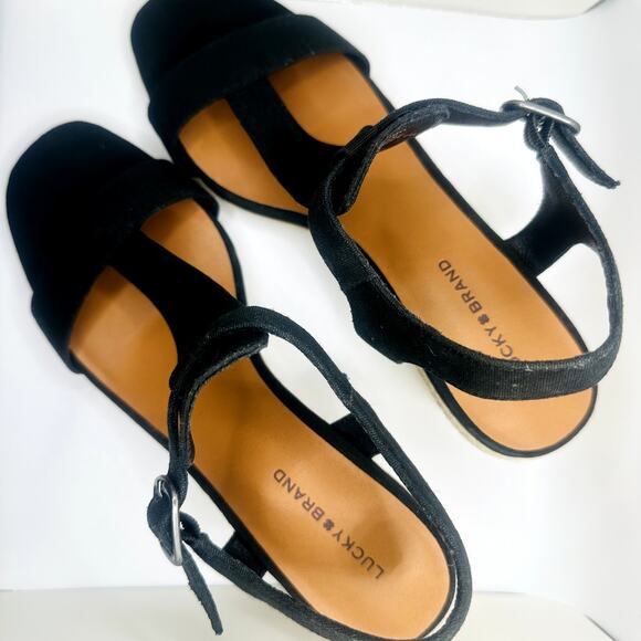 Lucky Brand Black Cotton Wedge Strapped Heels - Picture 4 of 5